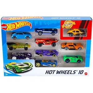 Hot Wheels Set of 10 Toy Cars & Trucks in 1:64 Scale, Race Cars, Semi, Rescue